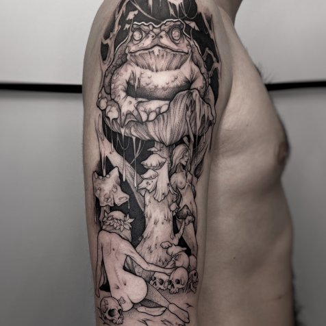 Татуировка в стиле тату графика жаба