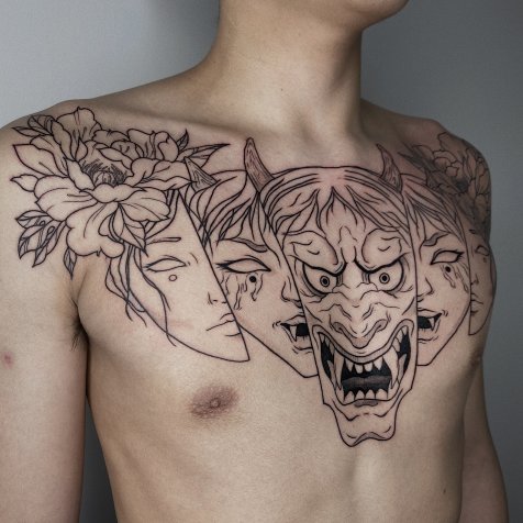 Татуировка в стиле тату графика японская маска 
