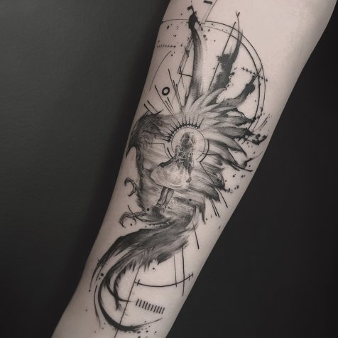 Татуировка в стиле тату графика ворон