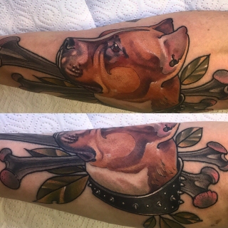 Татуировка в стиле цветная татуировка собака