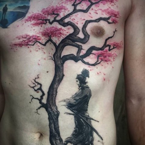 Татуировка в стиле тату графика самурай под сакурой