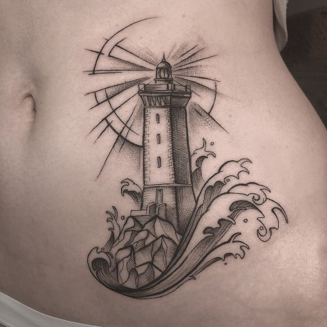 Татуировка в стиле тату графика маяк