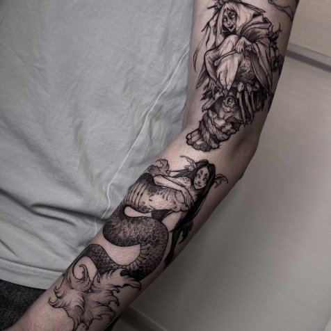 Татуировка в стиле тату графика русалка и ведьма 