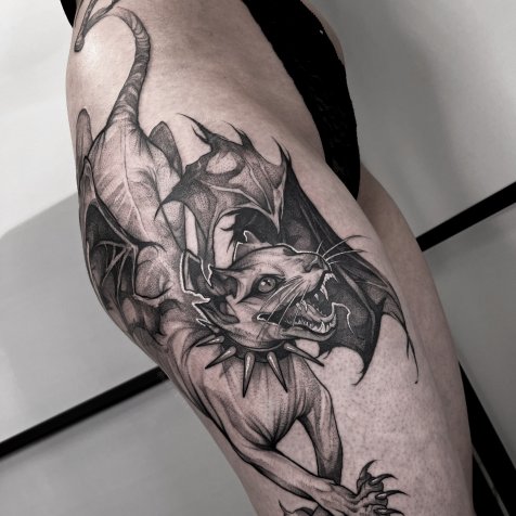 Татуировка в стиле тату графика кот