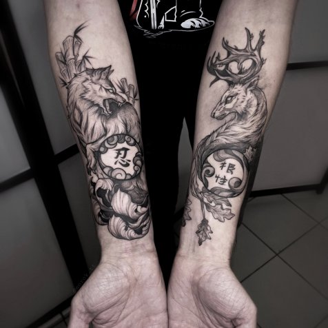 Татуировка в стиле тату графика волк и олень